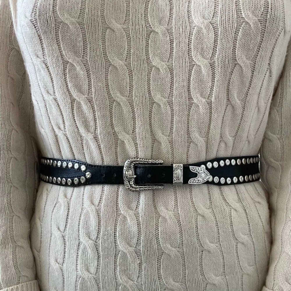 Vintage 1990s Womens Black Leather Silver Studded Western Rodeo Belt Sz S